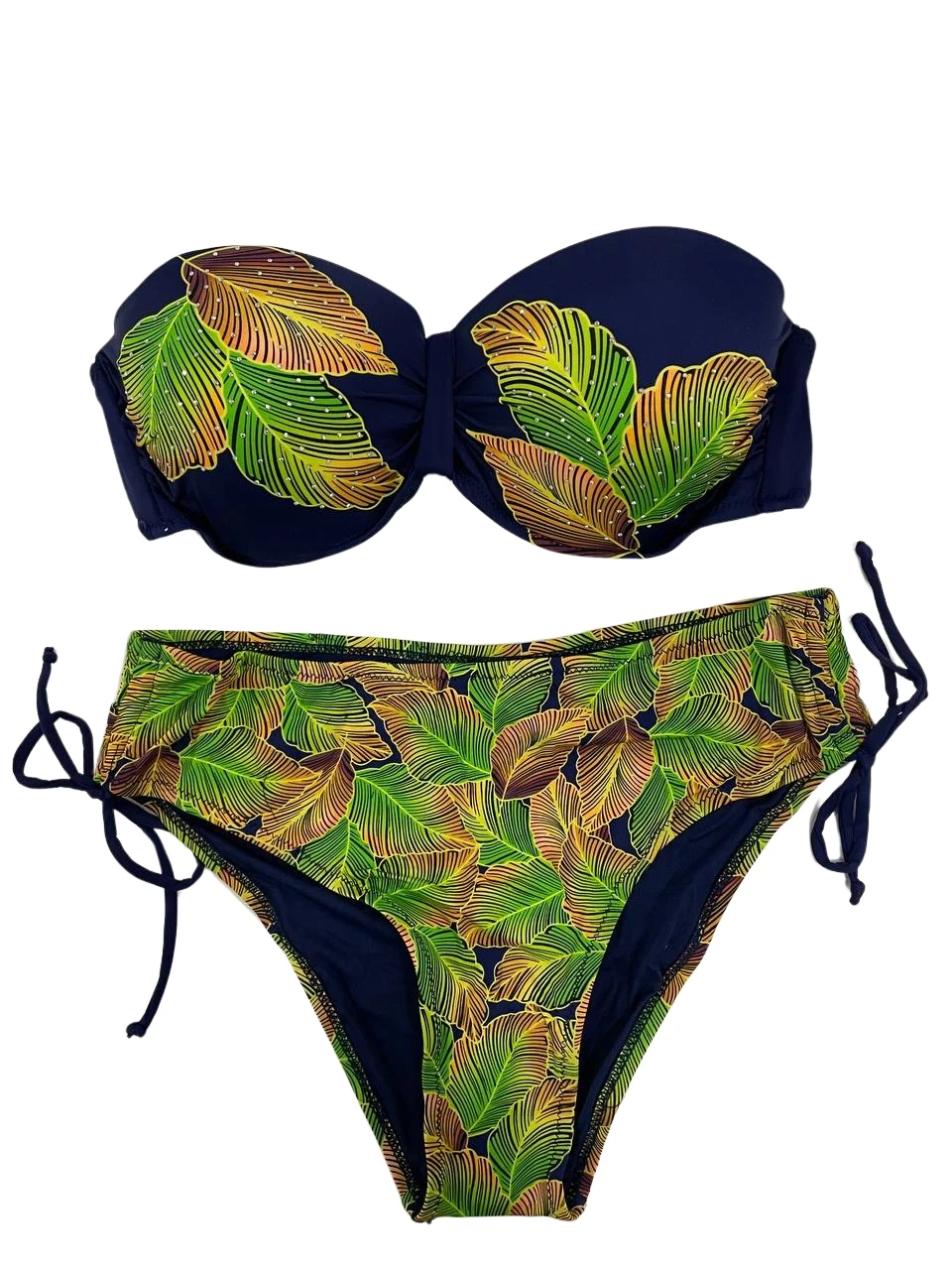 Kadın Lacivert Yaprak Desenli Taş İşlemeli Astarlı Bikini Takım HZL25S-LC3305