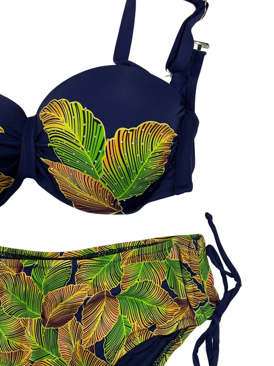 Kadın Lacivert Yaprak Desenli Taş İşlemeli Astarlı Bikini Takım HZL25S-LC3305