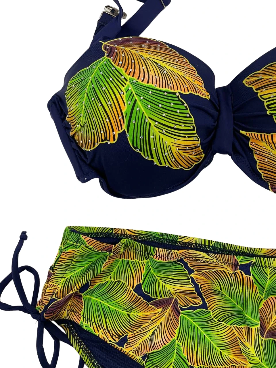 Kadın Lacivert Yaprak Desenli Taş İşlemeli Astarlı Bikini Takım HZL25S-LC3305