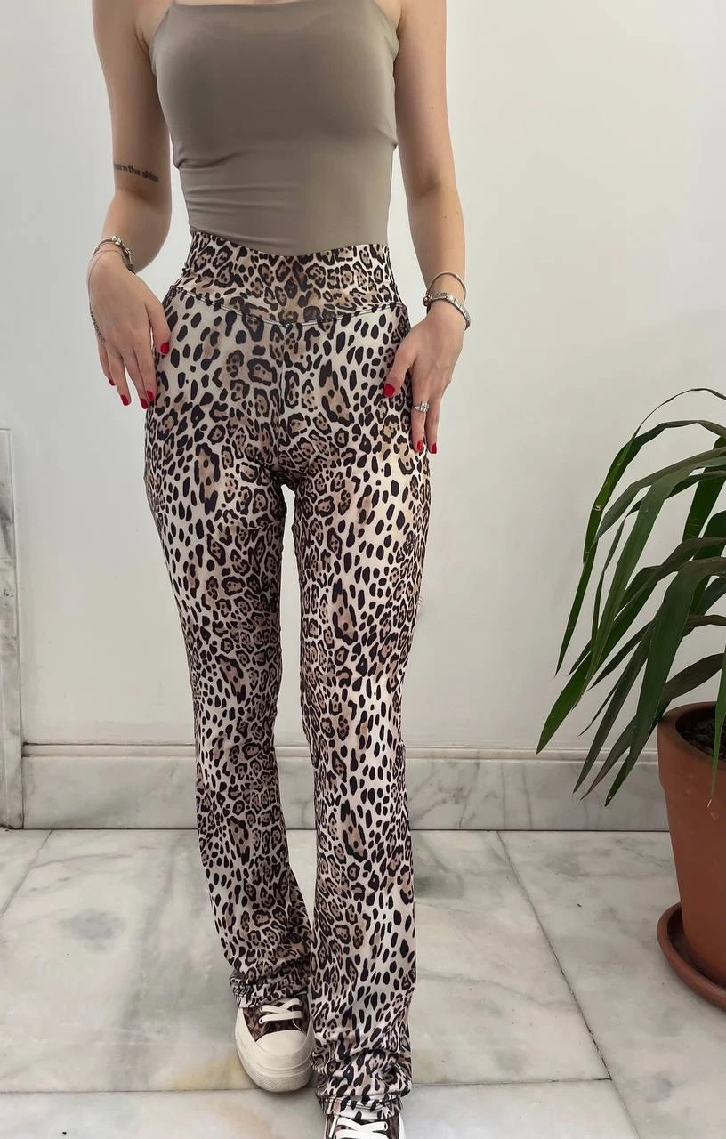 Kadın Leopar Desenli Bel Katlamalı İspanyol Paça Pantolon HZL24S-ZK11401