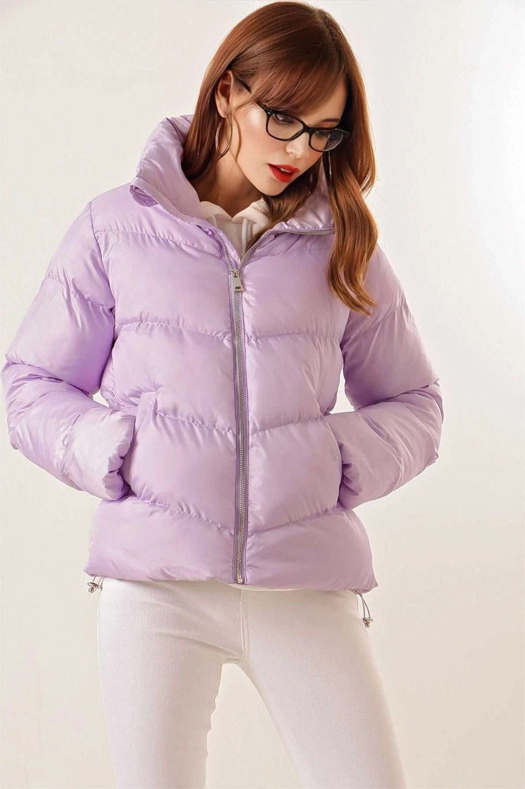 Kadın Lila Dik Yaka Bel Büzgülü Şişme Mont HZL25W-BD131791