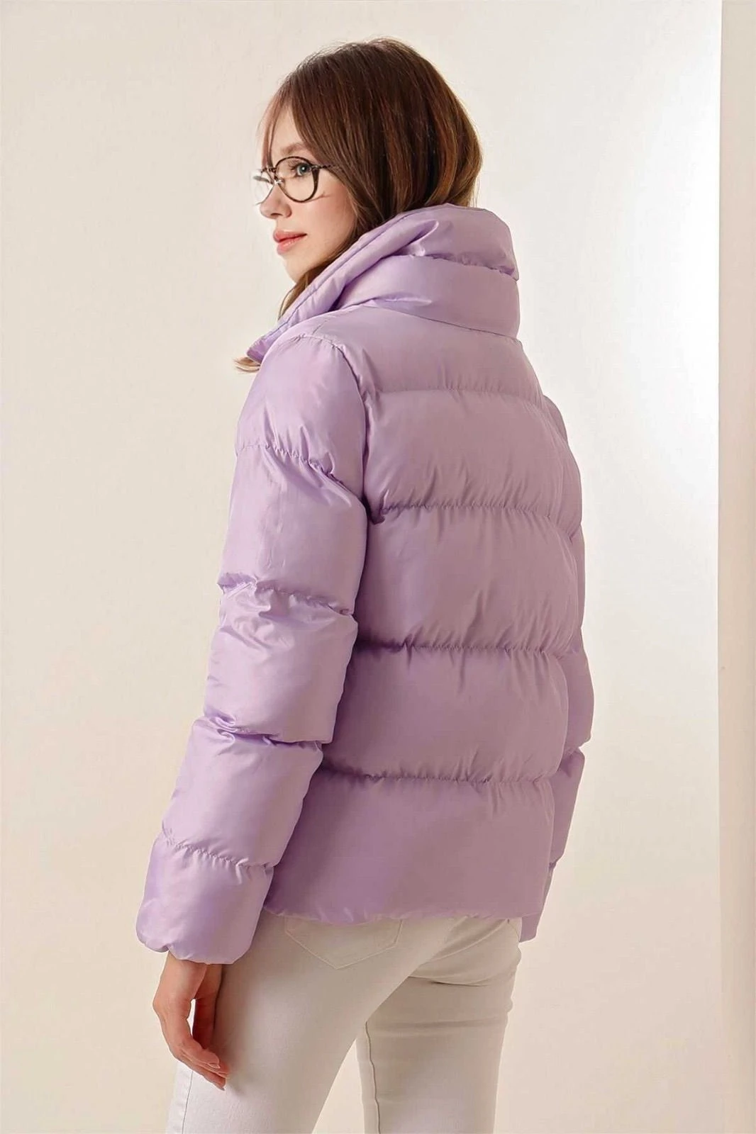 Kadın Lila Dik Yaka Bel Büzgülü Şişme Mont HZL25W-BD131791