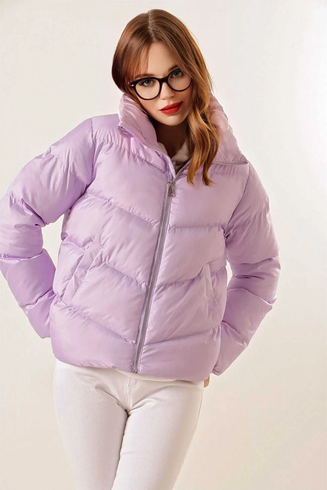 Kadın Lila Dik Yaka Bel Büzgülü Şişme Mont HZL25W-BD131791