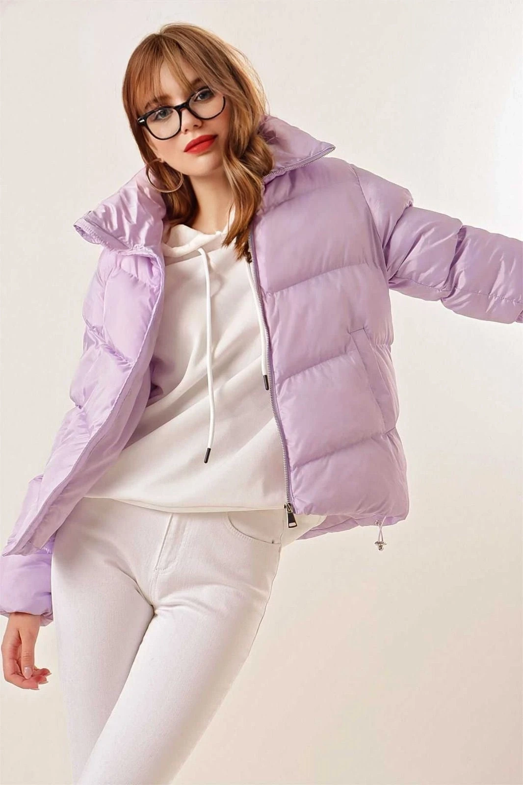 Kadın Lila Dik Yaka Bel Büzgülü Şişme Mont HZL25W-BD131791