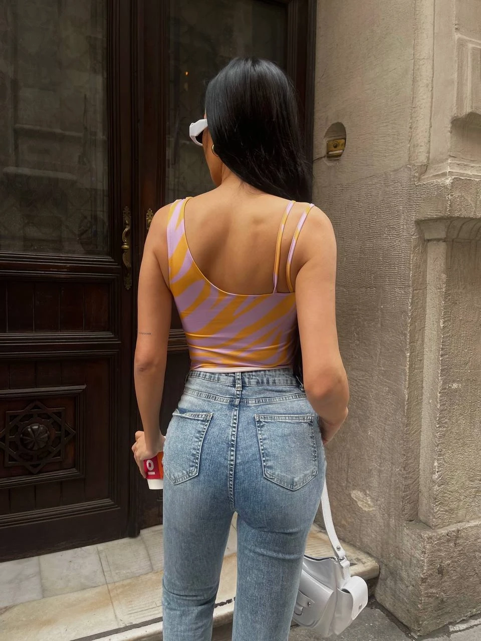 Kadın Lila Oranj Renk Desenli Çift Askılı Tek Kol Crop Bluz HZL24S-ZK11011