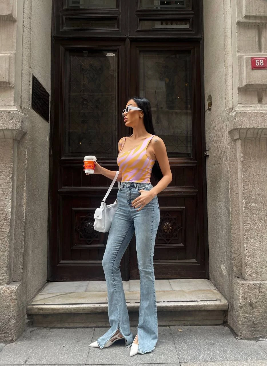 Kadın Lila Oranj Renk Desenli Çift Askılı Tek Kol Crop Bluz HZL24S-ZK11011