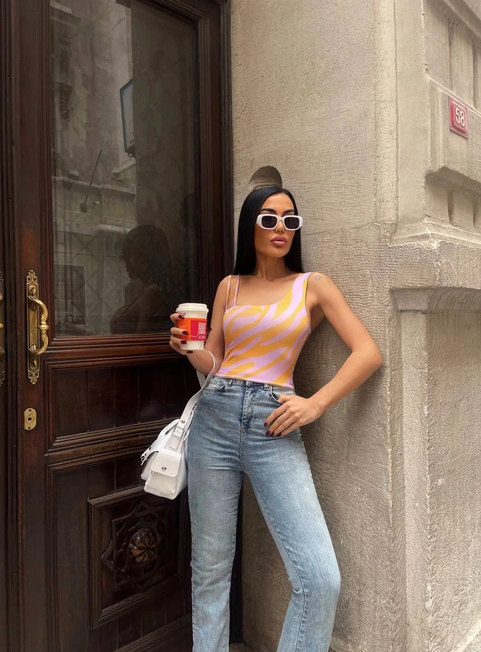 Kadın Lila Oranj Renk Desenli Çift Askılı Tek Kol Crop Bluz HZL24S-ZK11011