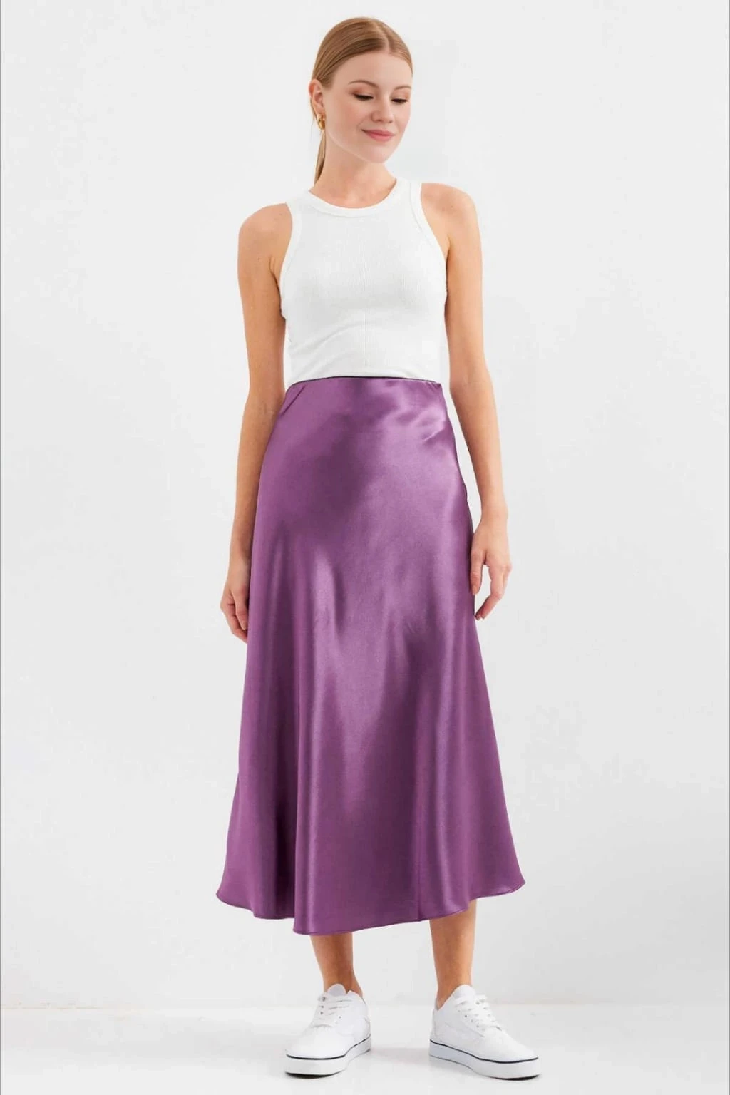 Kadın Lila Saten Yüzeyli Beli Lastikli Midi Boy Etek Hzl23S-BD1101471