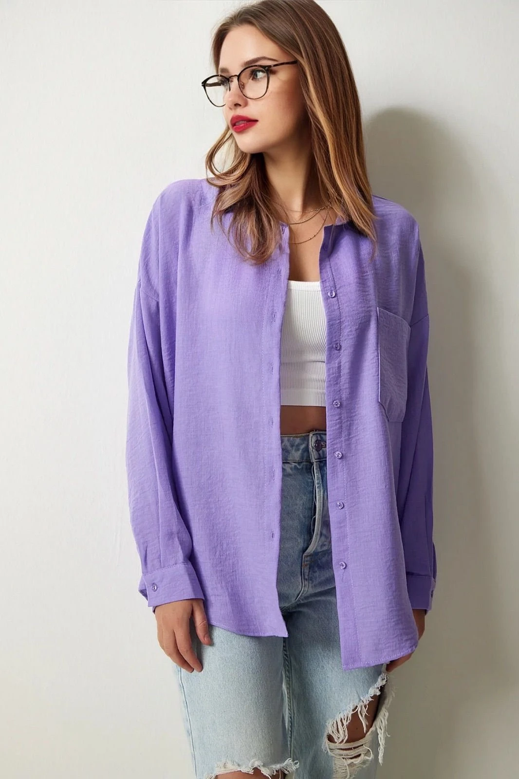 Kadın Lila Tek Cepli Oversize Keten Ayrobin Gömlek HZL24S-BD1201531