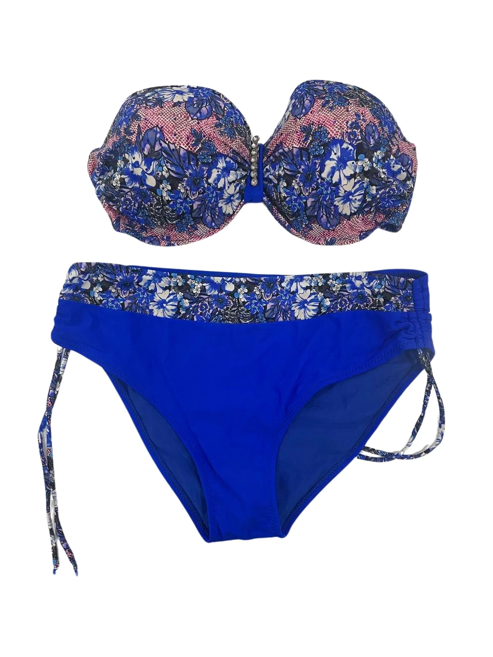 Kadın Mavi Çiçek Desenli Büyük Beden Astarlı Lacivert Bikini Takım HZL25S-LC3301