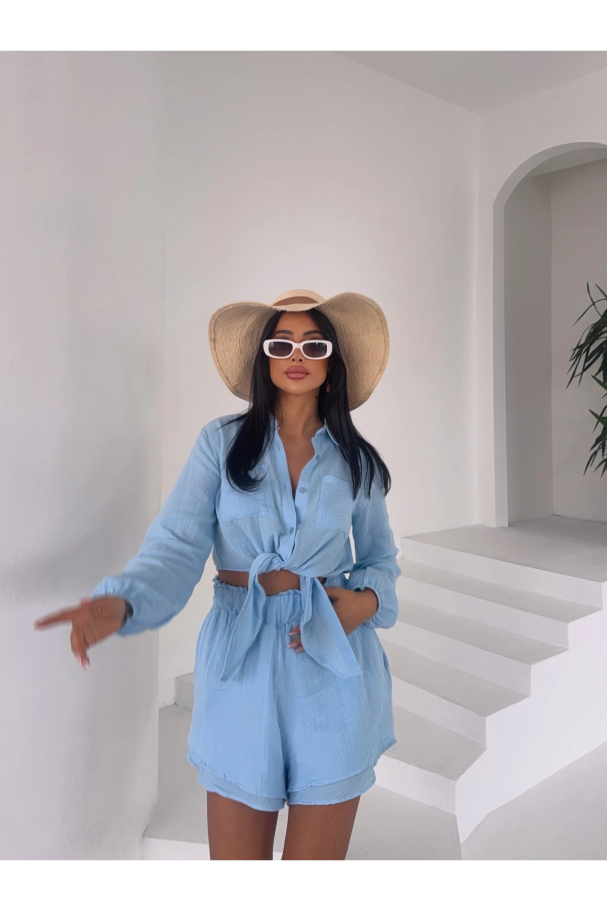 Kadın Mavi Müslin Keten Şort Gömlek Alt Üst Takım HZL25S-DSB1012