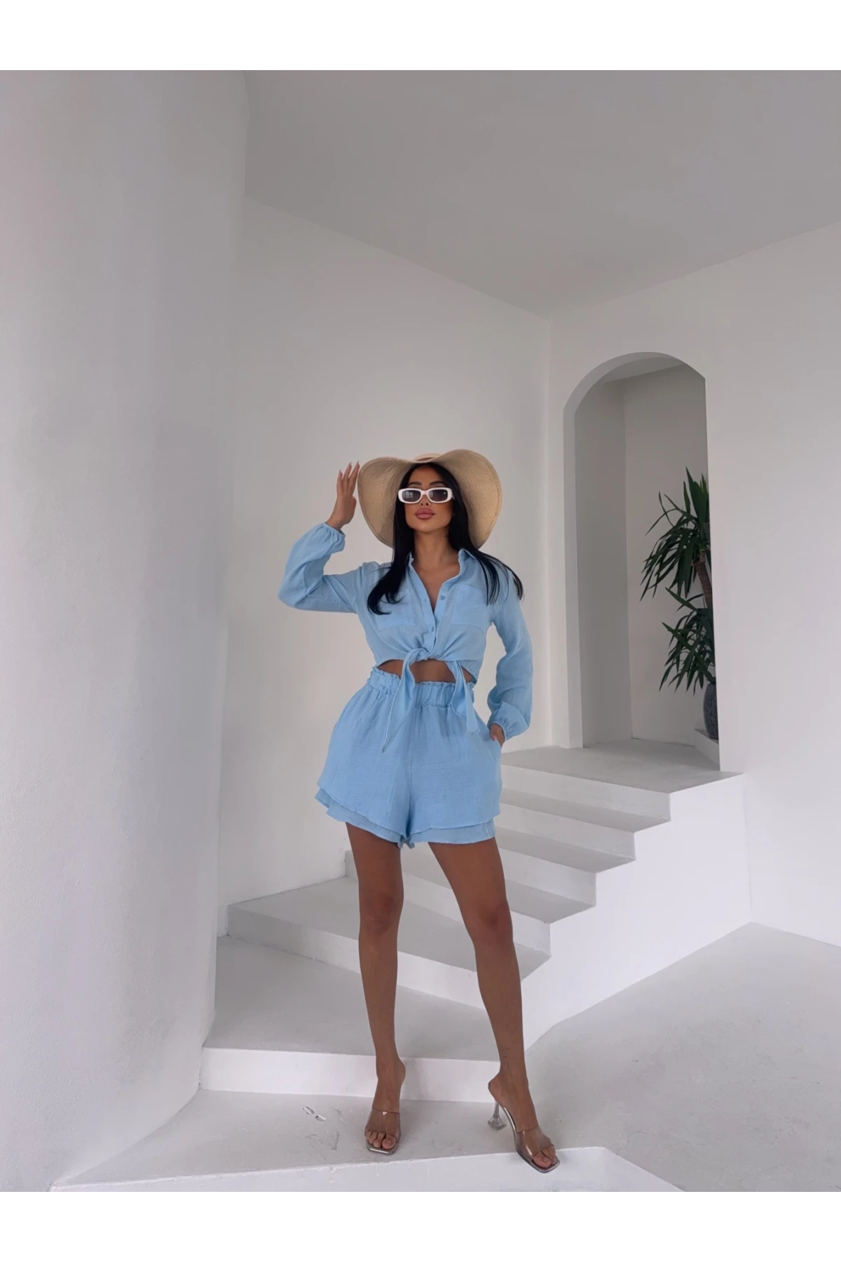 Kadın Mavi Müslin Keten Şort Gömlek Alt Üst Takım HZL25S-DSB1012