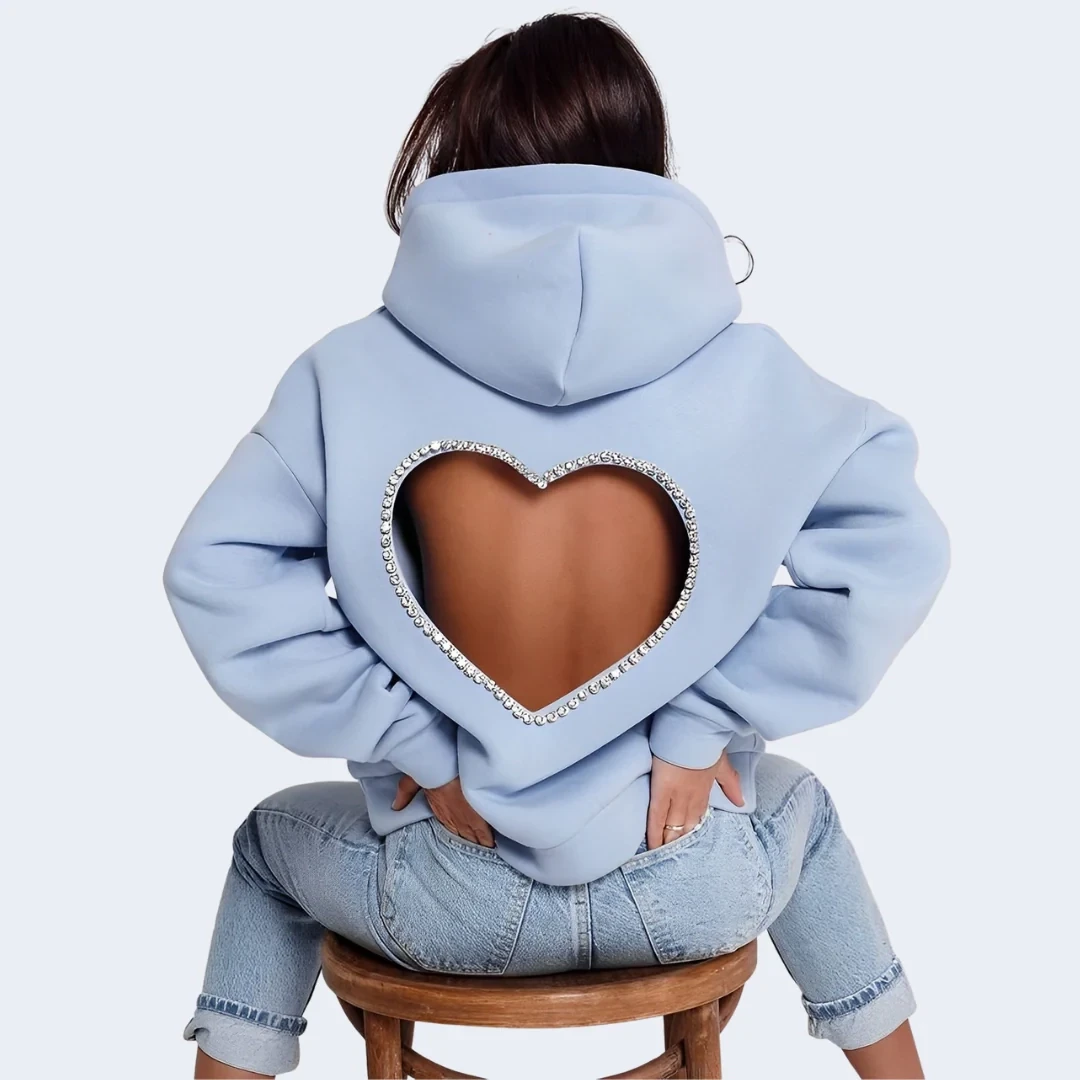 Kadın Mavi Sırtı Kalp Kesim Taşlı Kapüşonlu Oversize Sweatshirt HZL25W-DSB12701