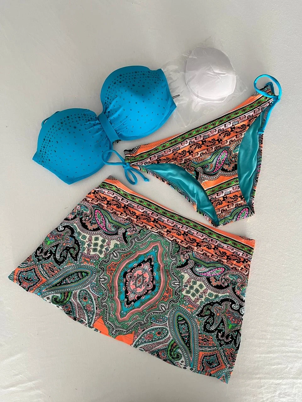 Kadın Mavi Taş İşlemeli Desenli 3 Parça Bikini Takım HZL25S-LC3326