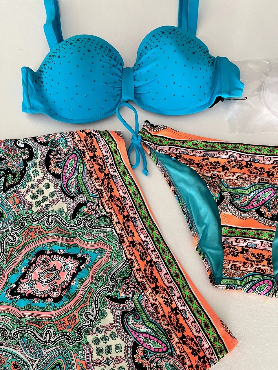 Kadın Mavi Taş İşlemeli Desenli 3 Parça Bikini Takım HZL25S-LC3326