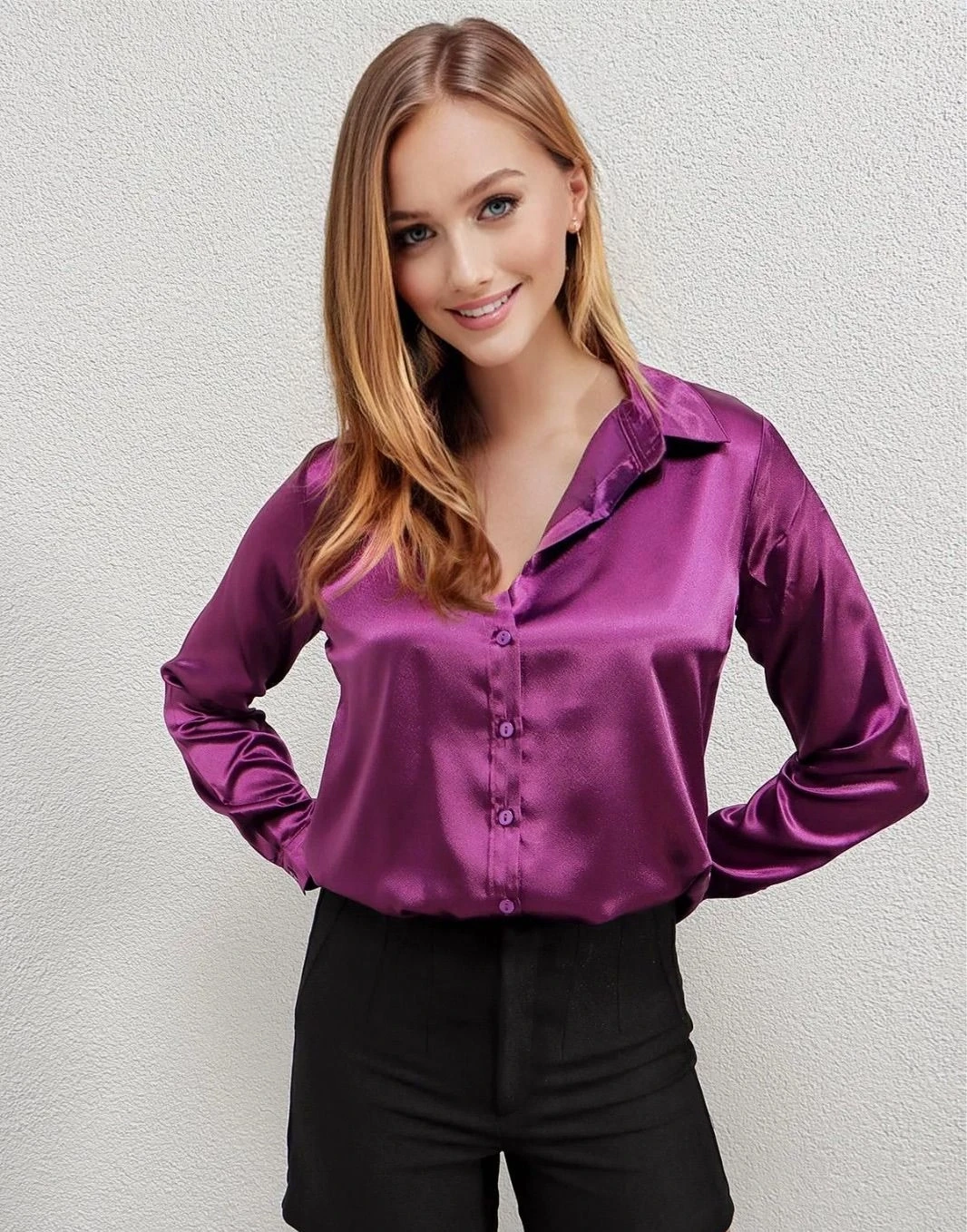 Kadın Mor Saten Yüzeyli Tesettür Gömlek HZL25W-BD139641