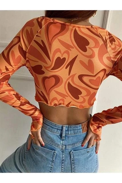 Kadın Oranj Asimetrik Kesim Önü Bağlamalı Crop Tül Bluz HZL24S-ZK12281