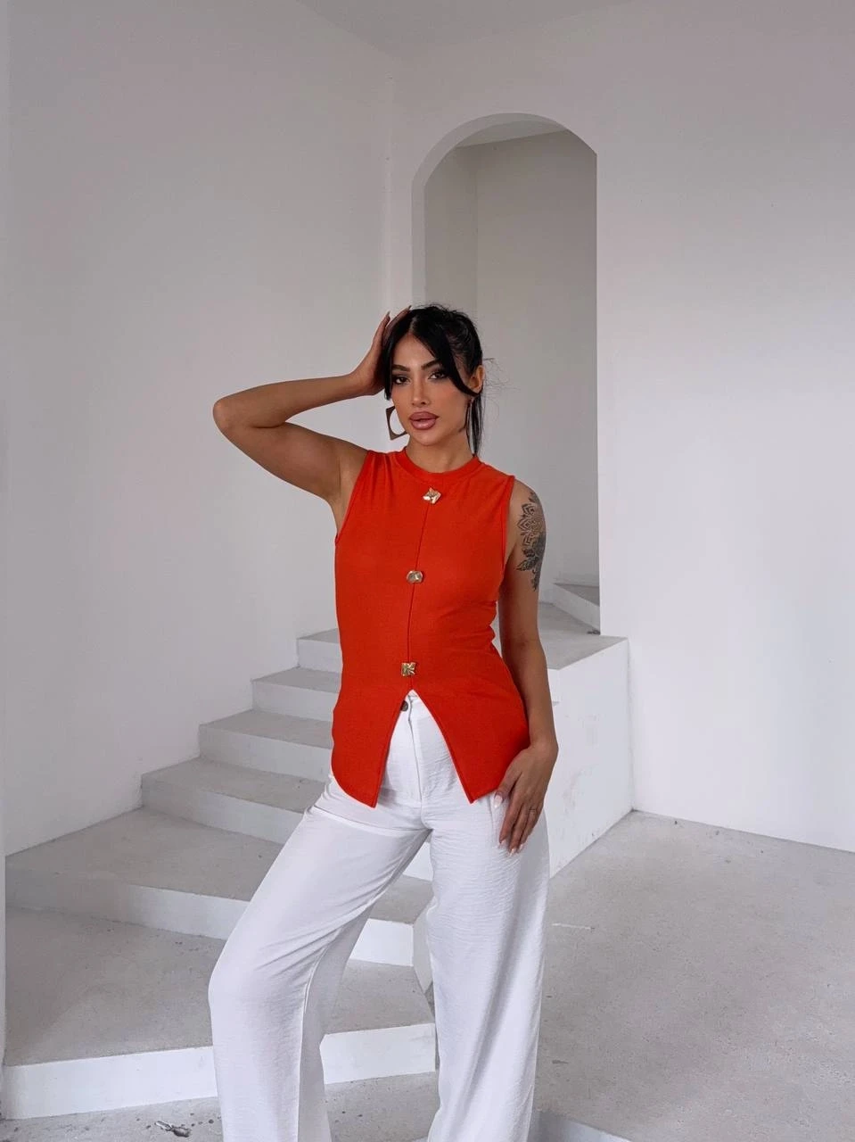 Kadın Oranj Bisiklet Yaka Düğme Detaylı Ottoman Kumaş Bluz HZL25S-FRY123091