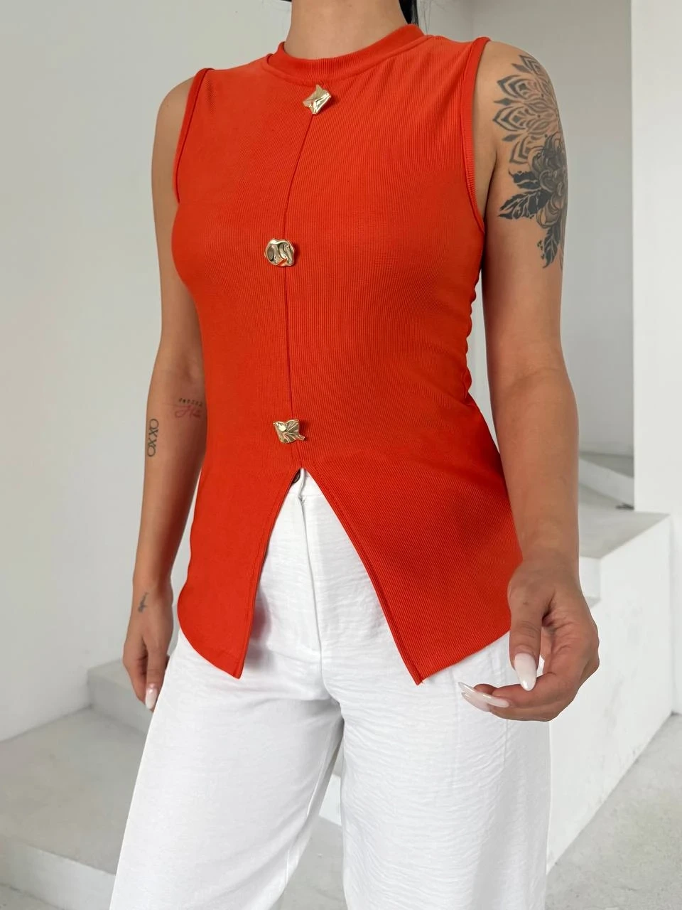 Kadın Oranj Bisiklet Yaka Düğme Detaylı Ottoman Kumaş Bluz HZL25S-FRY123091