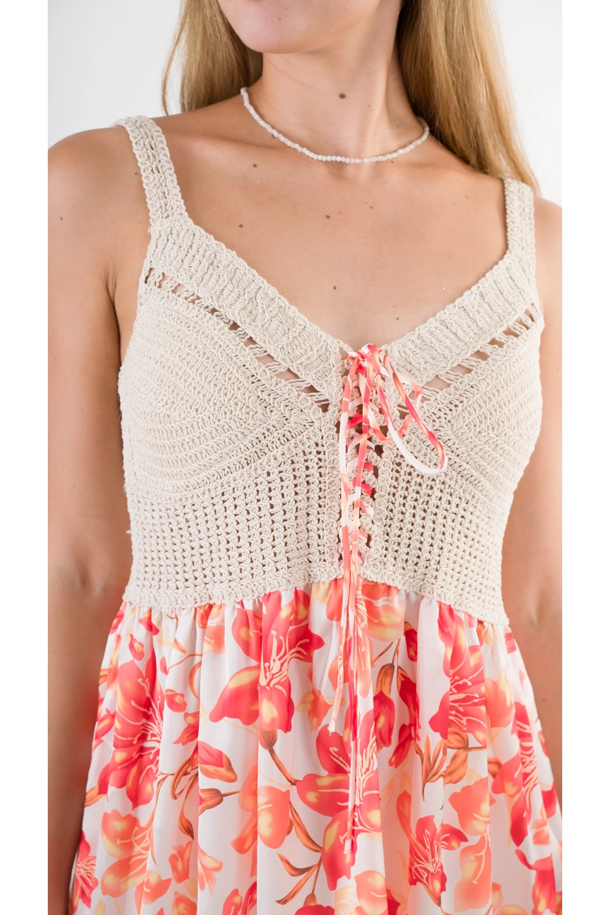 Kadın Oranj Önden İp Bağlamalı Ajurlu Model Saten Yüzeyli Mini Elbise HZL24S-YY250