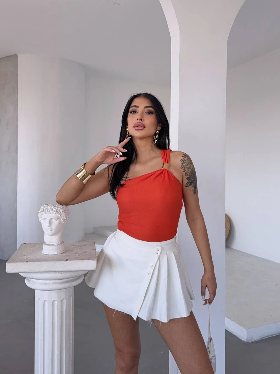 Kadın Oranj Tek Omuz Gold Metal Detaylı Bluz HZL25S-FRY123111