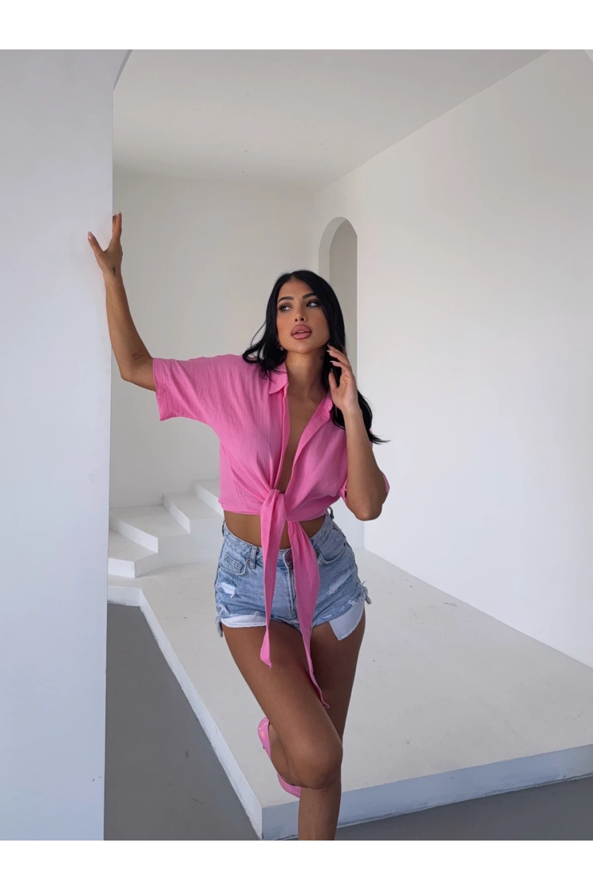 Kadın Pembe Bağlama Detaylı Müslin Keten Bluz HZL25S-DSB1212