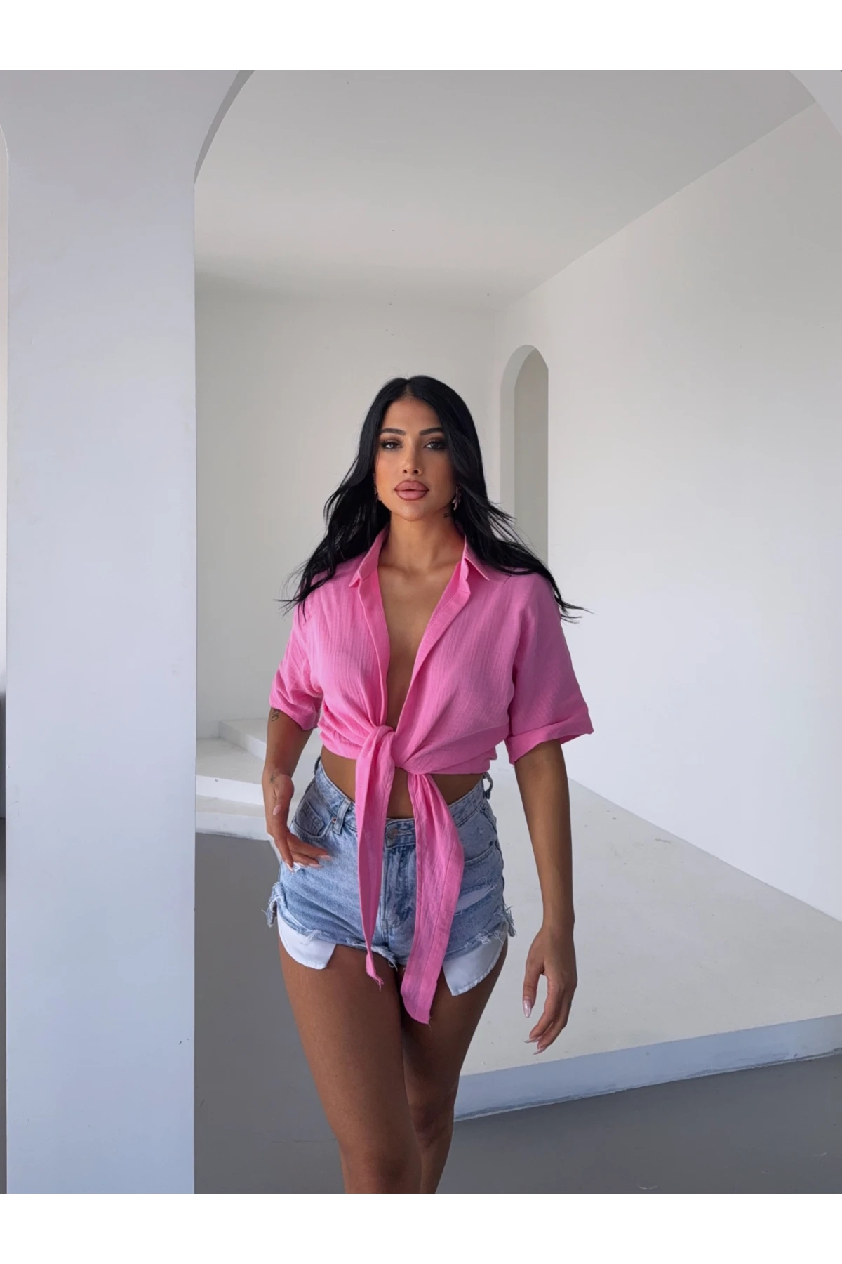 Kadın Pembe Bağlama Detaylı Müslin Keten Bluz HZL25S-DSB1212