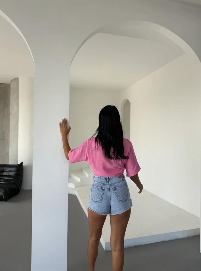 Kadın Pembe Bağlama Detaylı Müslin Keten Bluz HZL25S-DSB1212