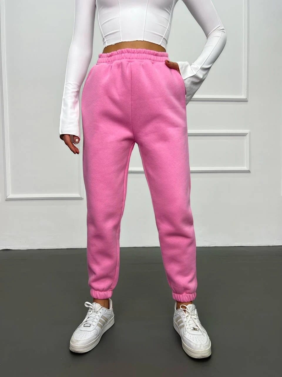 Kadın Pembe Cepli Beli Paçası Lastikli 3 İplik Şardonlu Eşofman Altı HZL24W-ZK12321