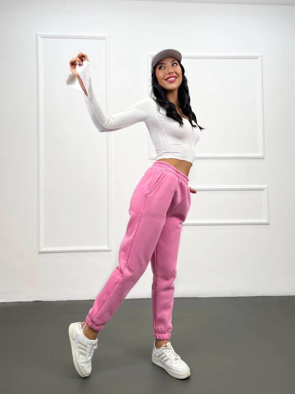 Kadın Pembe Cepli Beli Paçası Lastikli 3 İplik Şardonlu Eşofman Altı HZL24W-ZK12321