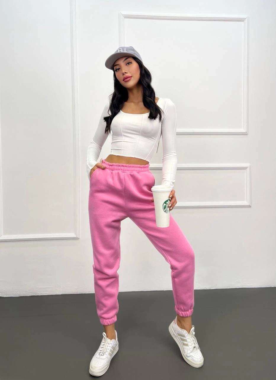 Kadın Pembe Cepli Beli Paçası Lastikli 3 İplik Şardonlu Eşofman Altı HZL24W-ZK12321