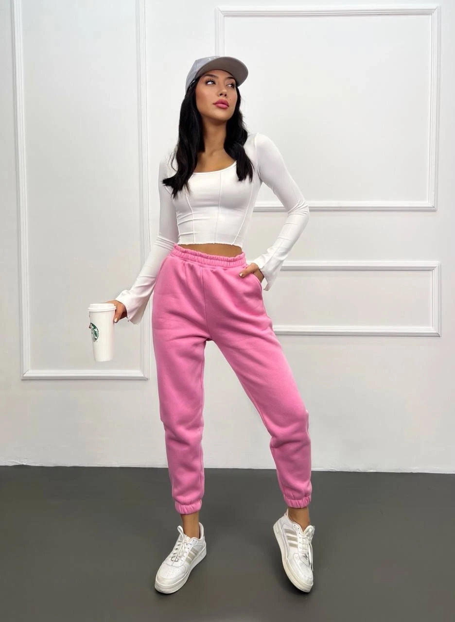 Kadın Pembe Cepli Beli Paçası Lastikli 3 İplik Şardonlu Eşofman Altı HZL24W-ZK12321