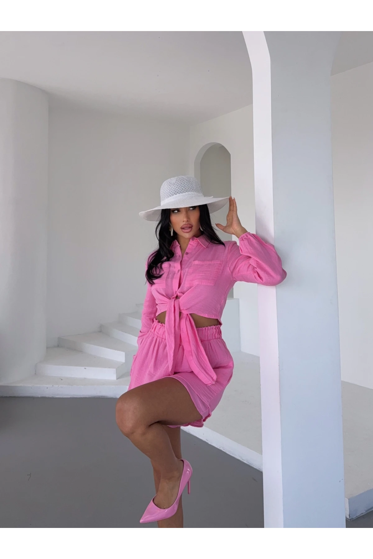 Kadın Pembe Müslin Keten Şort Gömlek Alt Üst Takım HZL25S-DSB1012