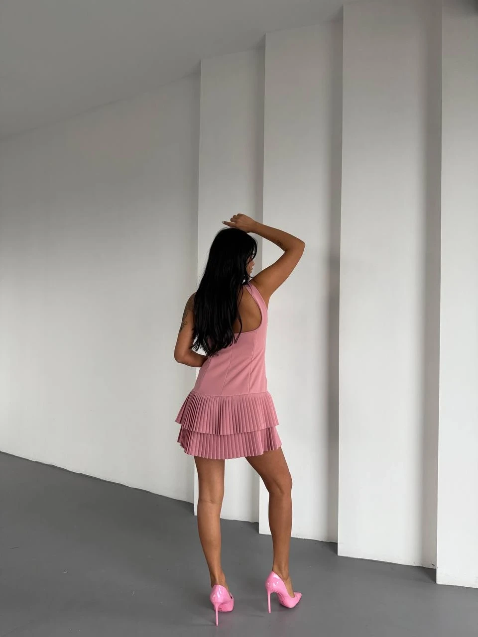Kadın Pembe Pileli Şortlu Mini Elbise HZL25S-FRY122991