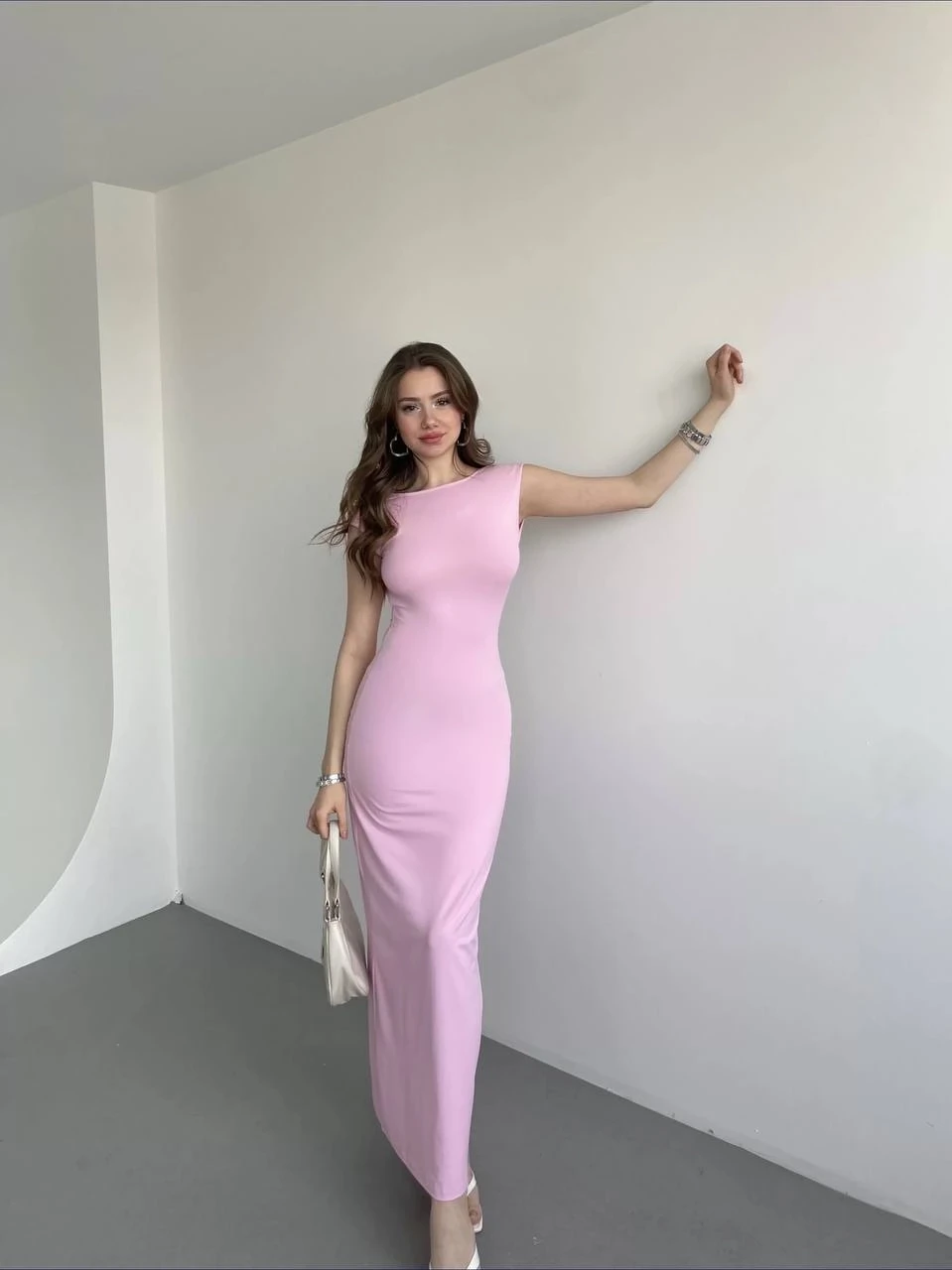 Kadın Pembe Sırt Dekolteli Yumuşak Dokulu Elbise HZL25S-ZK13321