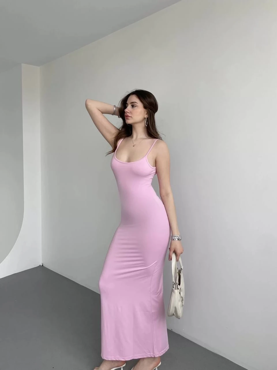 Kadın Pembe Sırtı Açık Yumuşak Dokulu Elbise HZL25S-ZK13281