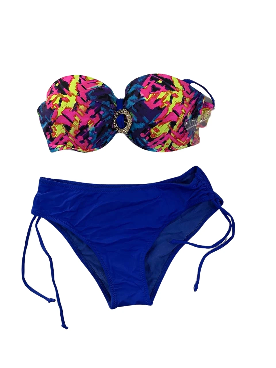 Kadın Saks Mavi Renk Desenli Toka Detaylı  Astarlı Bikini Takım HZL25S-LC3322