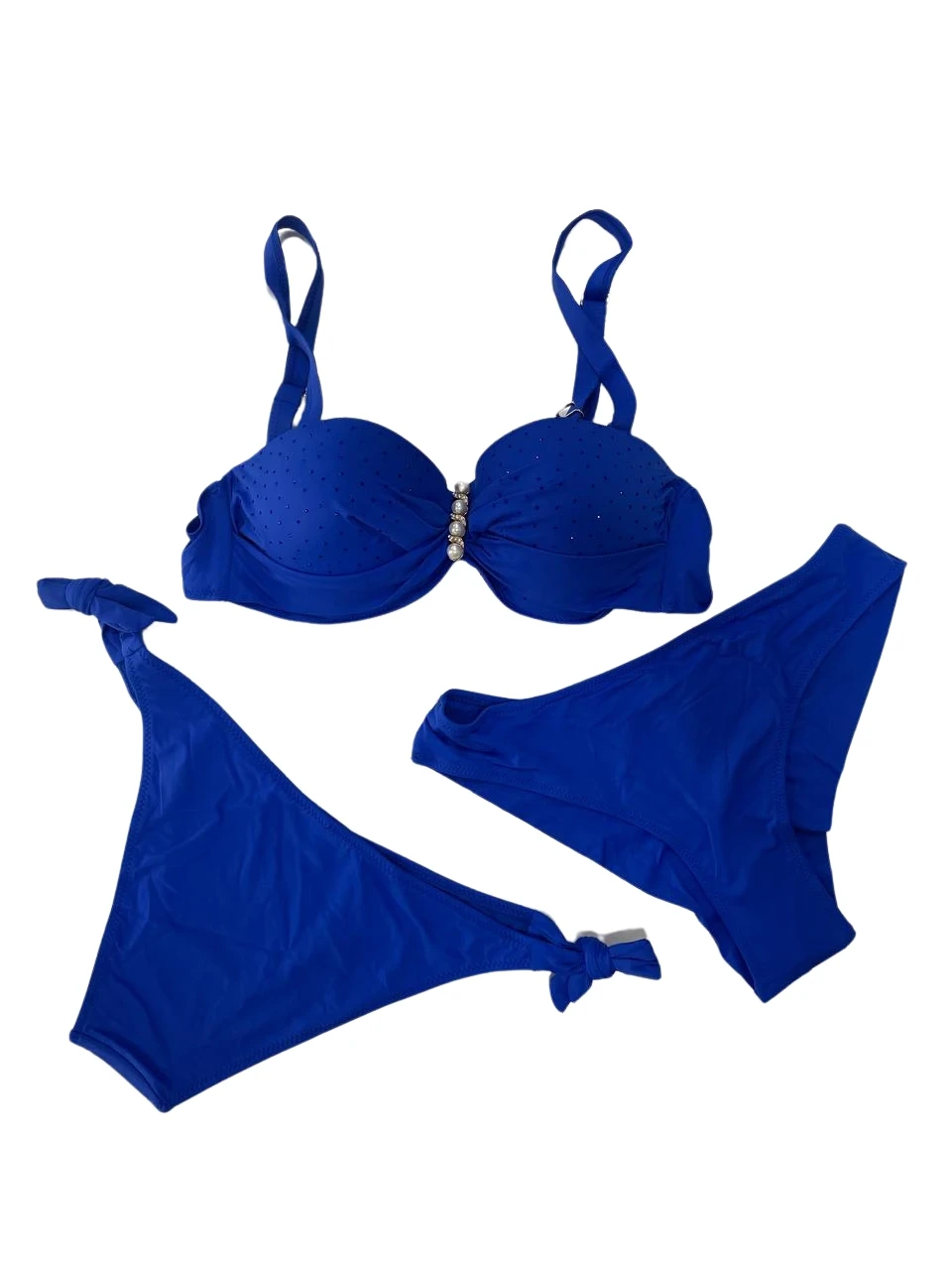 Kadın Saks Mavi Taş İşlemeli Tokalı  Astarlı Bikini Takım HZL24S-LC3306