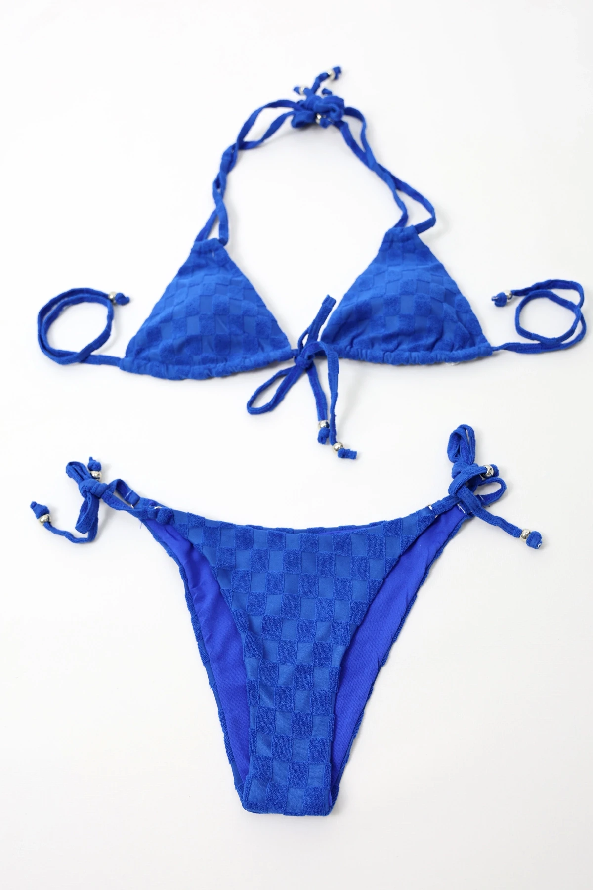 Kadın Saks Mavisi  İp Bağlamalı Aksesuarlı Astarlı Yüksek Bel Üçgen Bikini Takım HZL24S-LC2229