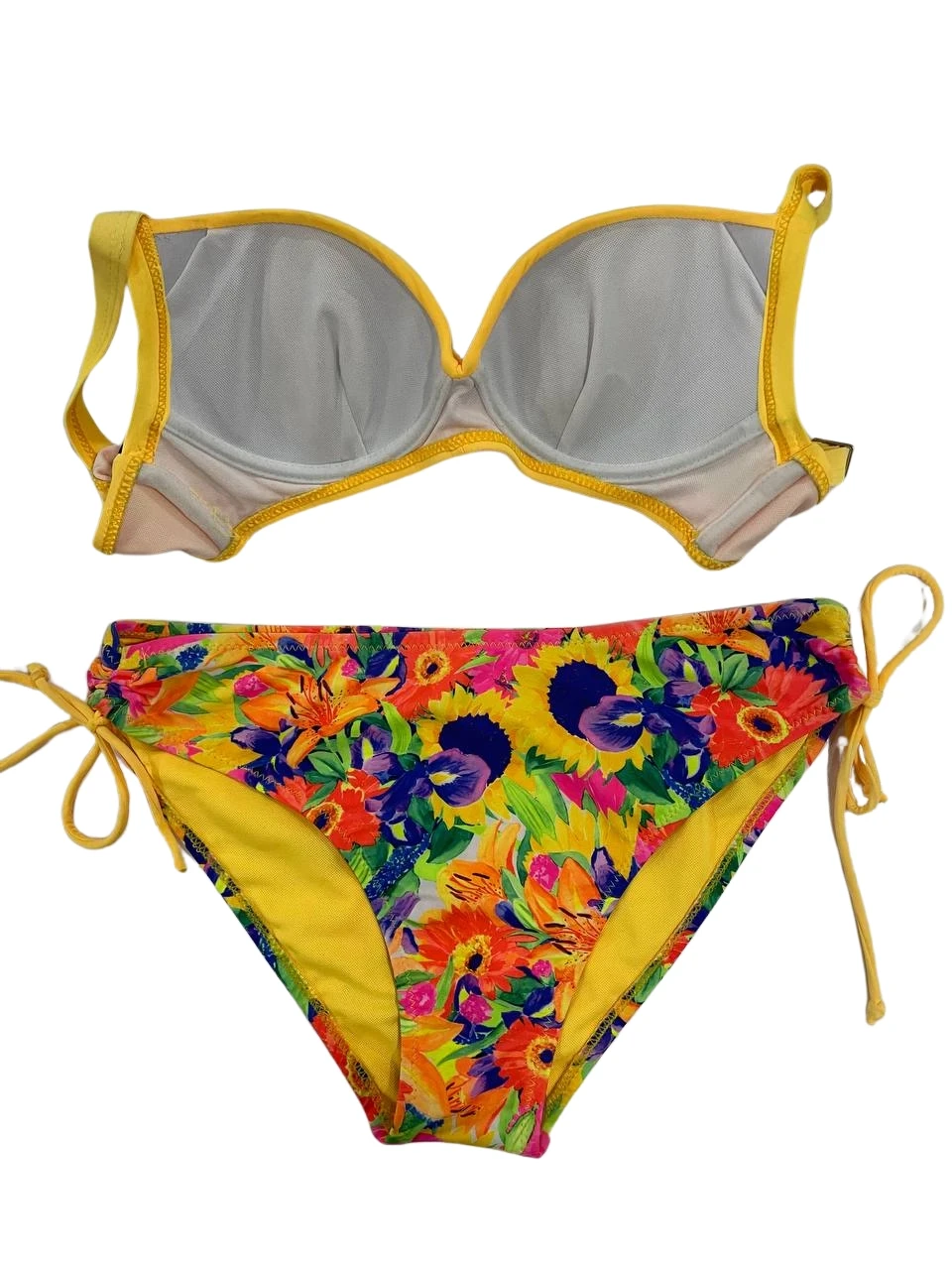 Kadın Sarı Çiçek Desenli Taş İşlemeli  Astarlı Bikini Takım HZL25S-LC3313