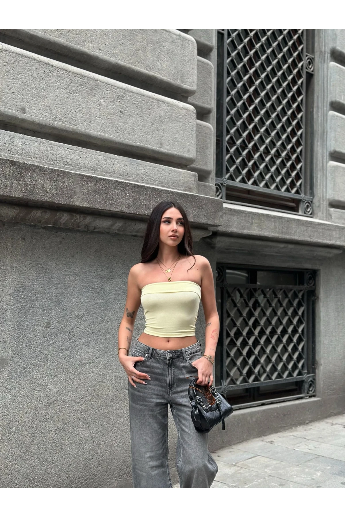 Kadın Sarı Katlamalı Straplez Bluz HZL24S-ZK11301