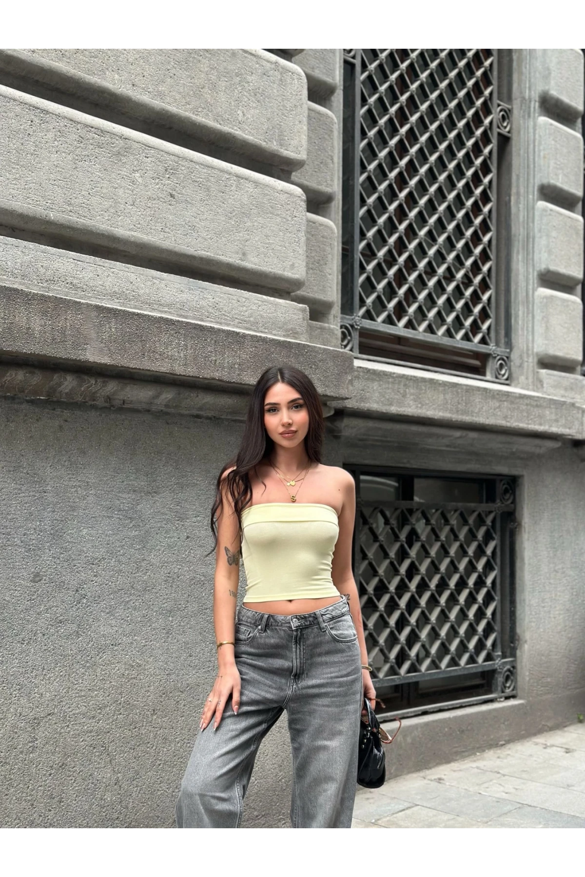 Kadın Sarı Katlamalı Straplez Bluz HZL24S-ZK11301