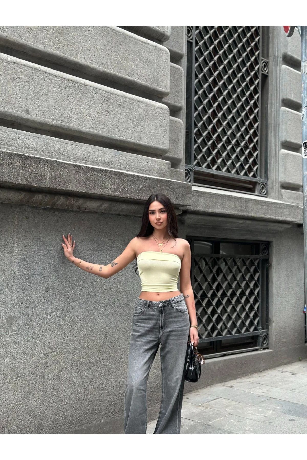 Kadın Sarı Katlamalı Straplez Bluz HZL24S-ZK11301