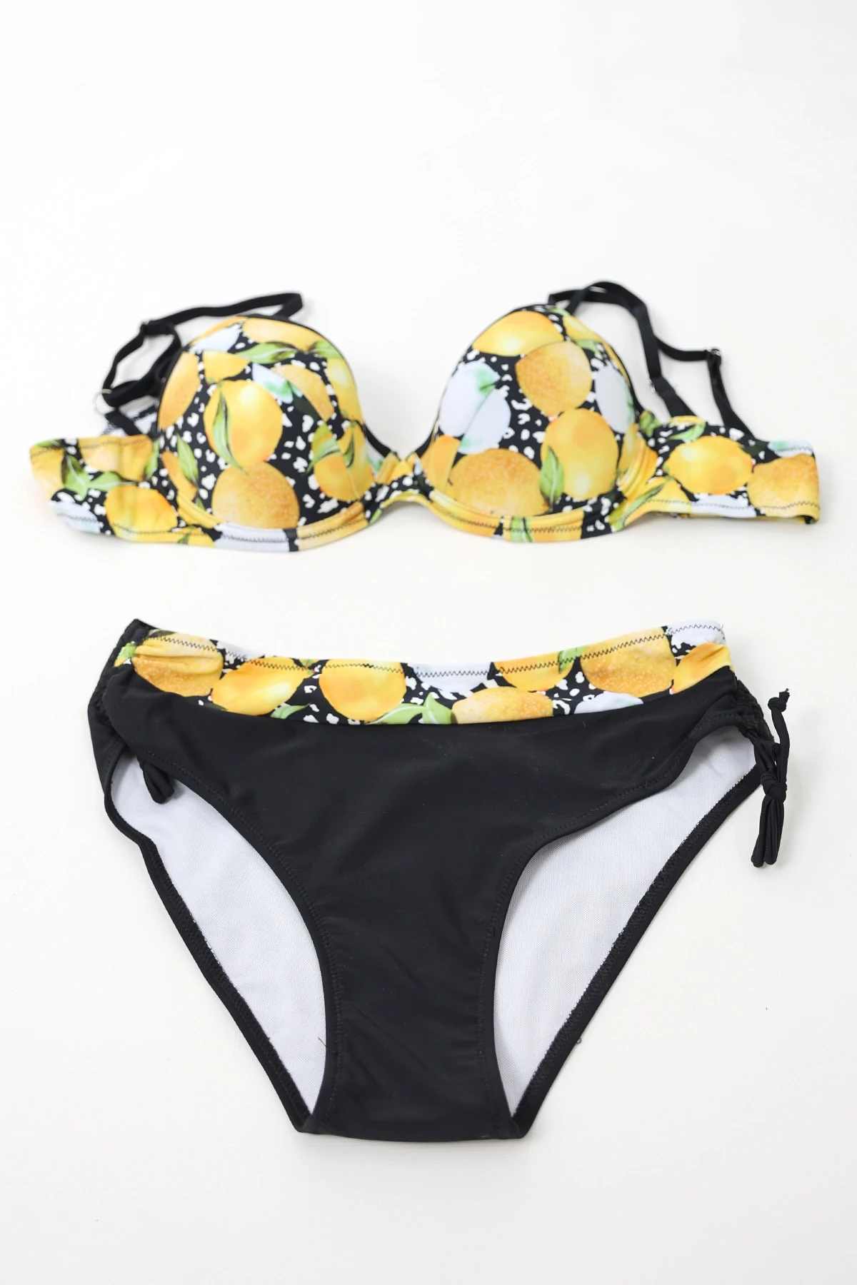 Kadın Sarı Siyah Limon Desenli İp Askılı Yüksek Bel Bikini Takım HZL24S-LC3348