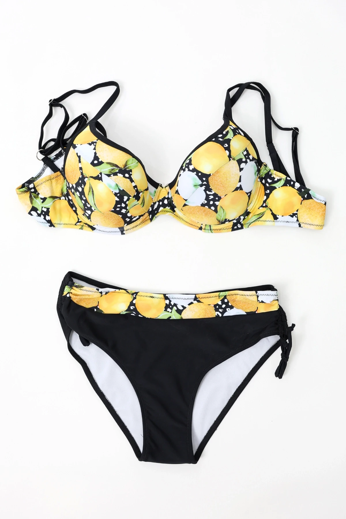 Kadın Sarı Siyah Limon Desenli İp Askılı Yüksek Bel Bikini Takım HZL24S-LC3348