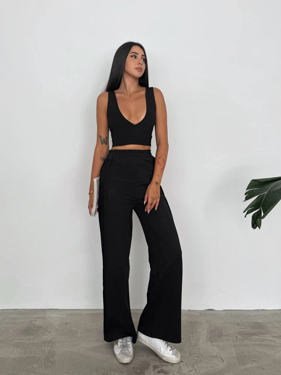 Kadın Siyah Beli Lastikli Şerit Detay 2 iplik Eşofman Altı HZL25S-FRY122251