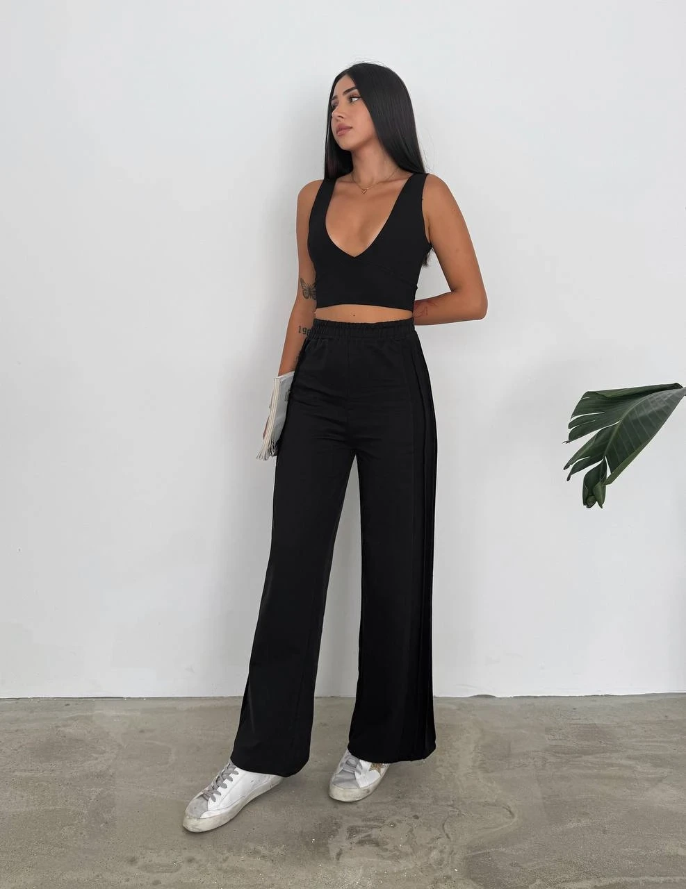 Kadın Siyah Beli Lastikli Şerit Detay 2 iplik Eşofman Altı HZL25S-FRY122251