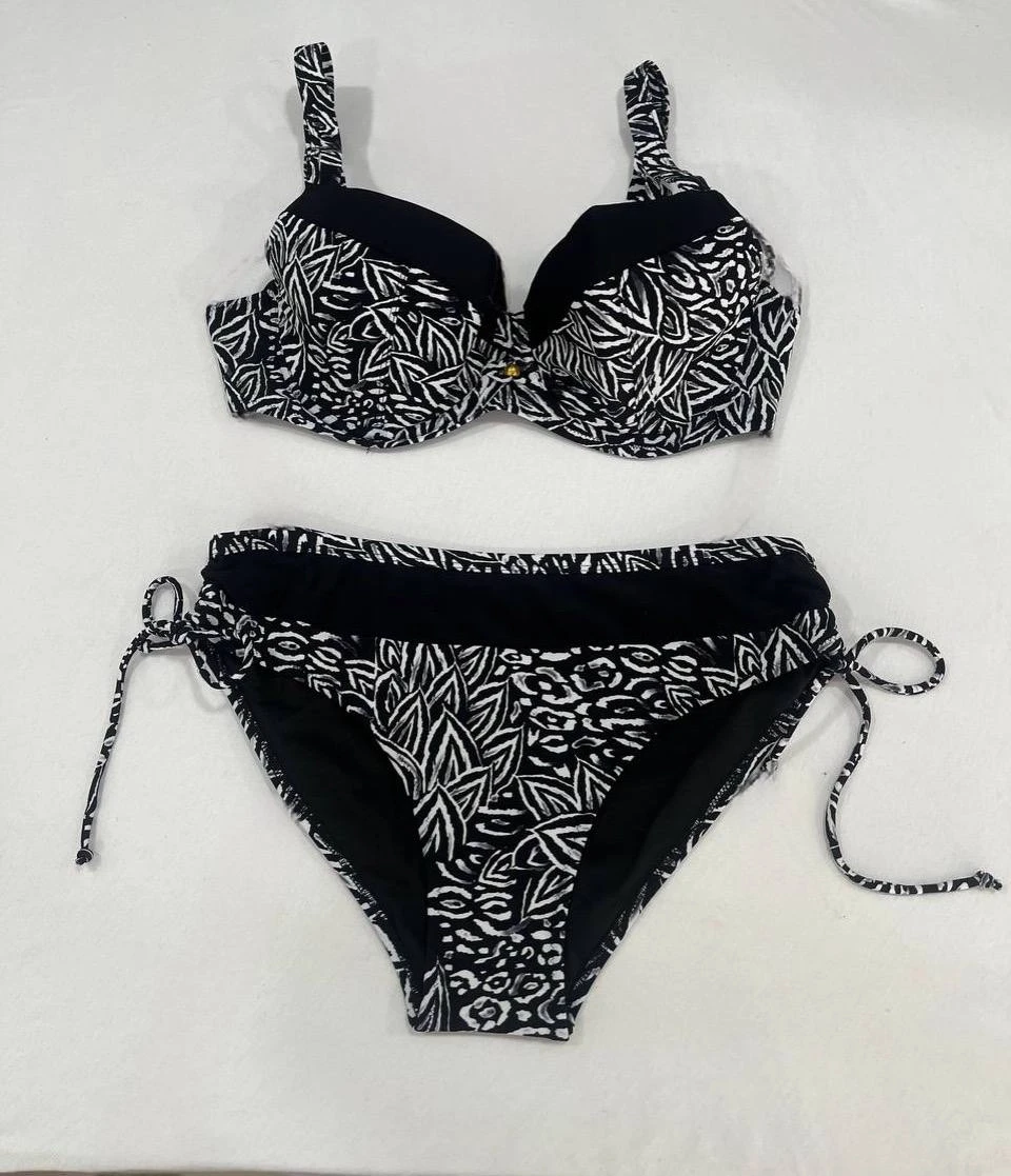 Kadın Siyah Beyaz Desenli Büyük Beden Astarlı Bikini Takım HZL25S-LC4006