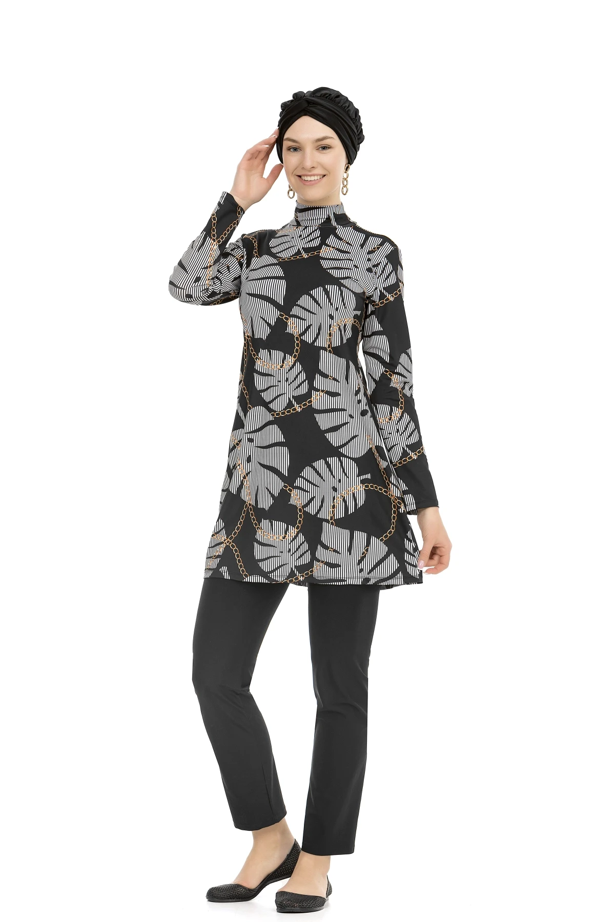 Kadın Siyah Desenli Uzun Kollu Tesettür Mayo HZL25S-AR268-515