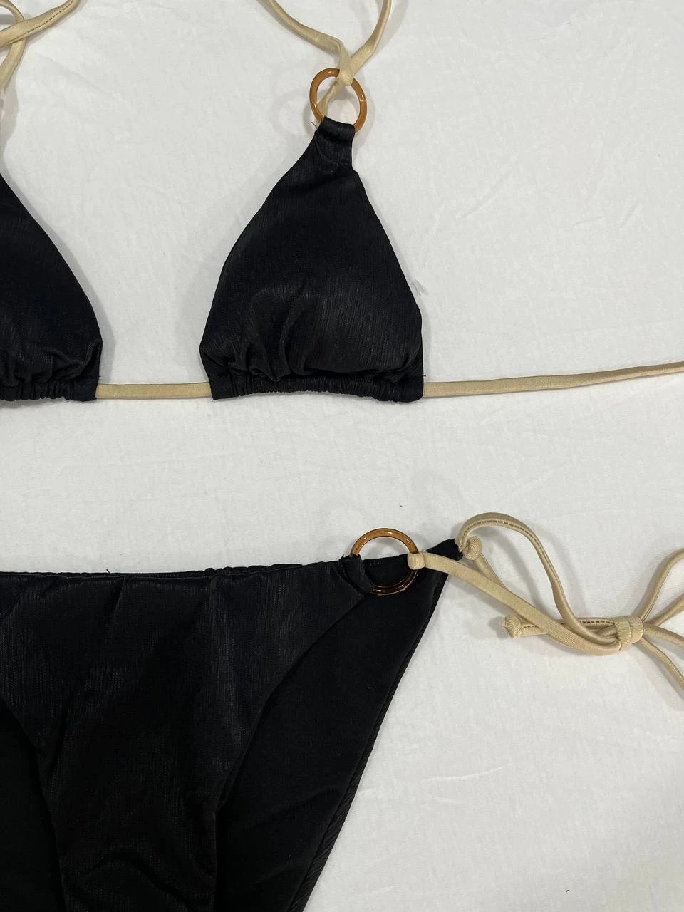 Kadın Siyah Halka Detaylı İp Bağlamalı Astarlı Bikini Takım HZL25S-AR1617